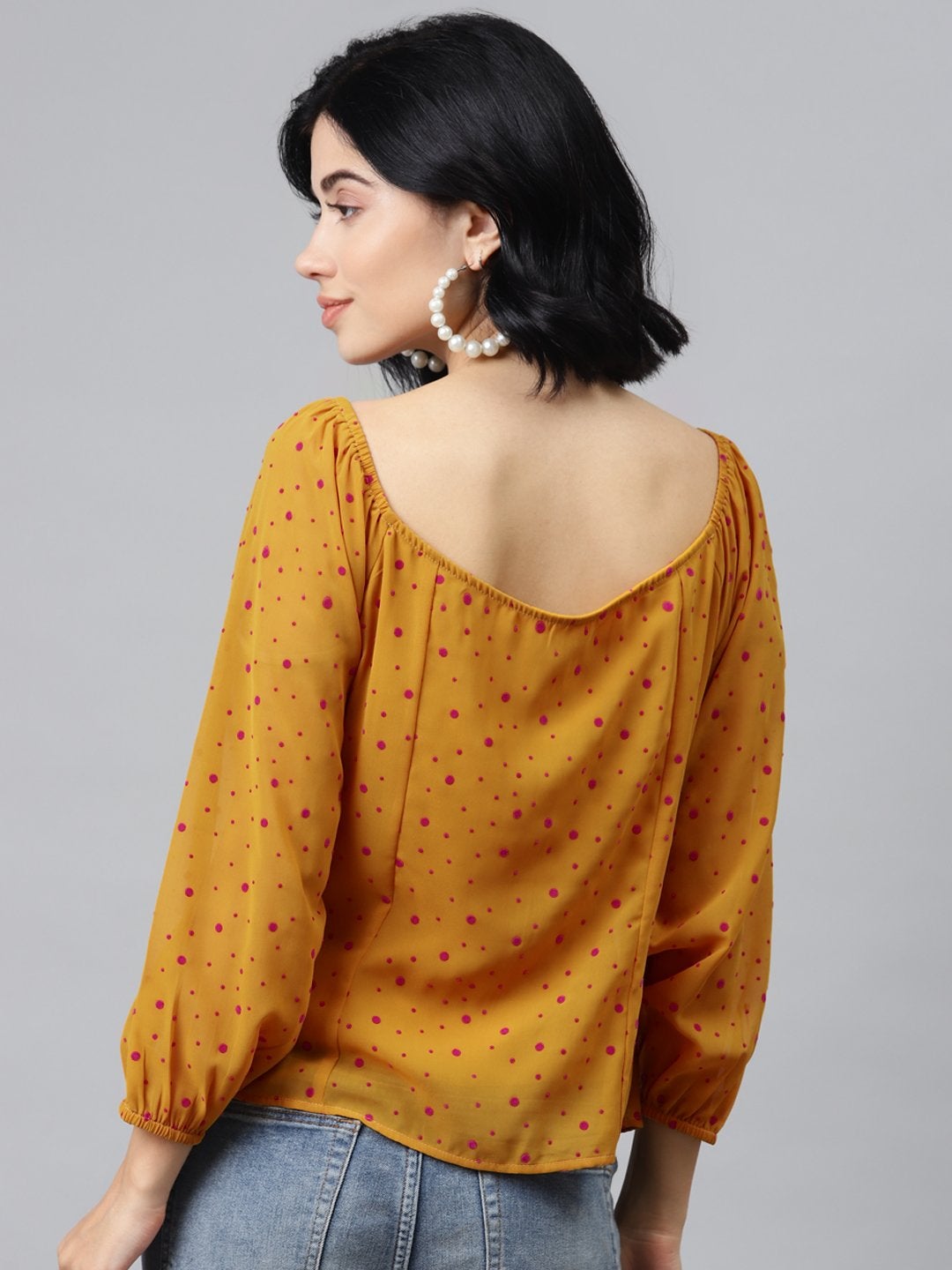 Women's Mustard Flock Print Boat Neck Top - SASSAFRAS