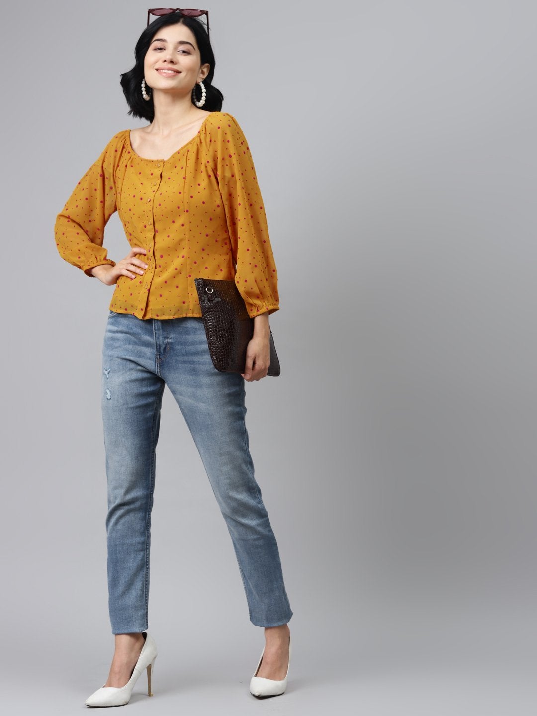 Women's Mustard Flock Print Boat Neck Top - SASSAFRAS