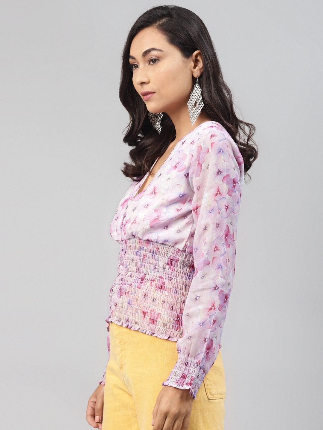 Women's Pink Colour Floral V Neck Smocking Top - SASSAFRAS