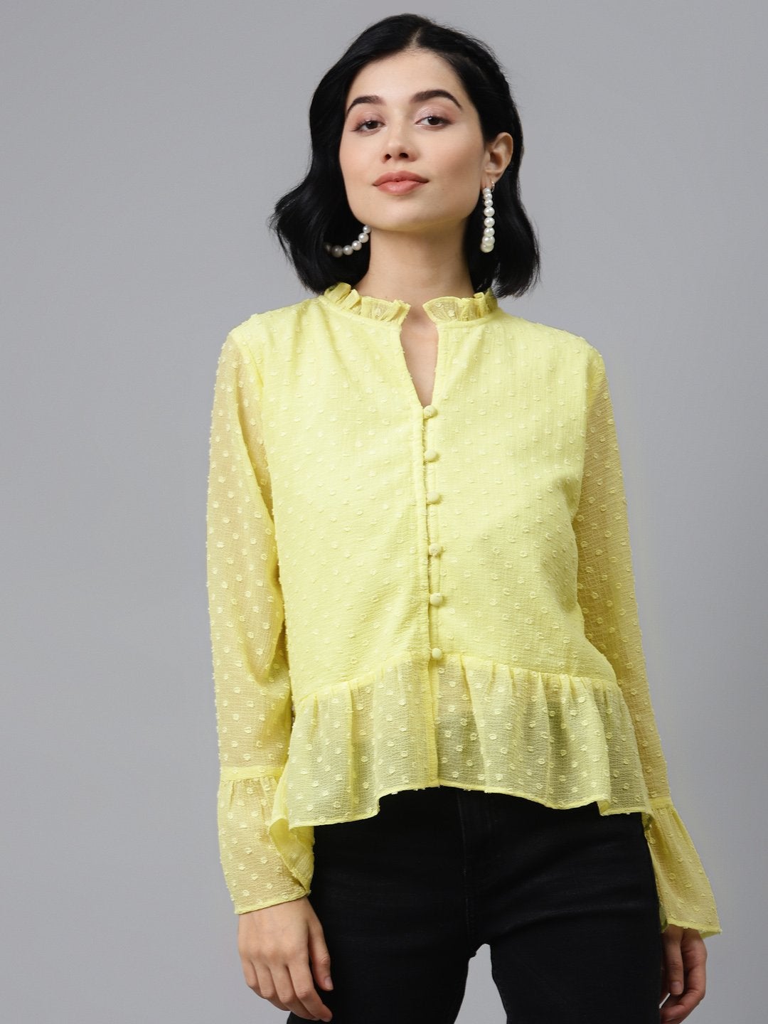 Women's Yellow Front Frill Detail Top - SASSAFRAS