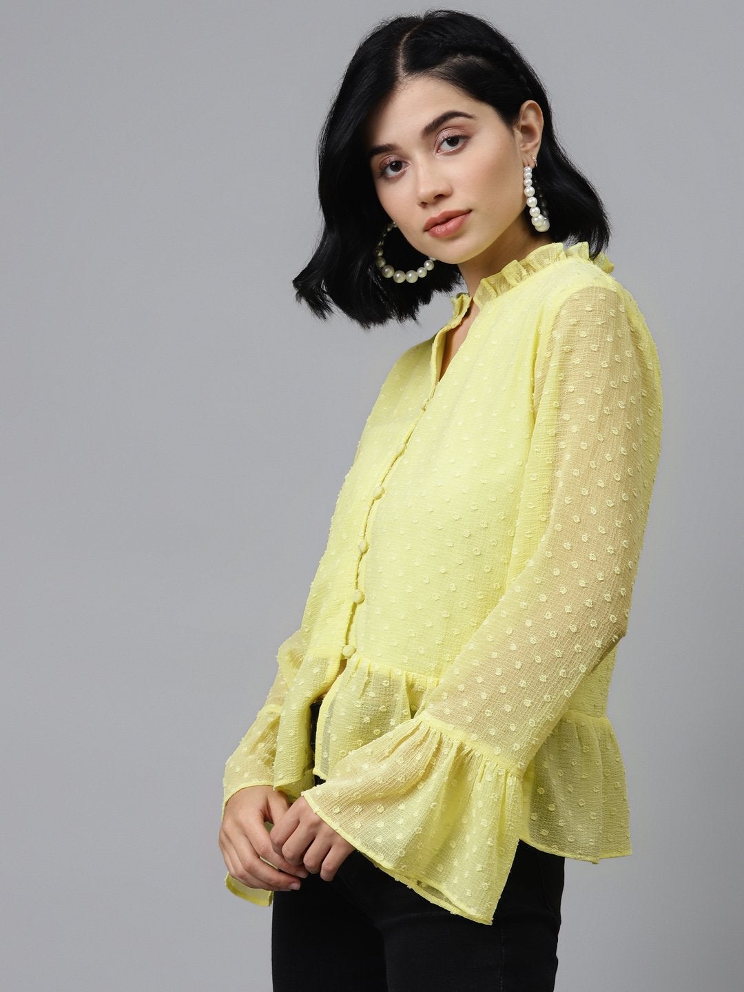 Women's Yellow Front Frill Detail Top - SASSAFRAS