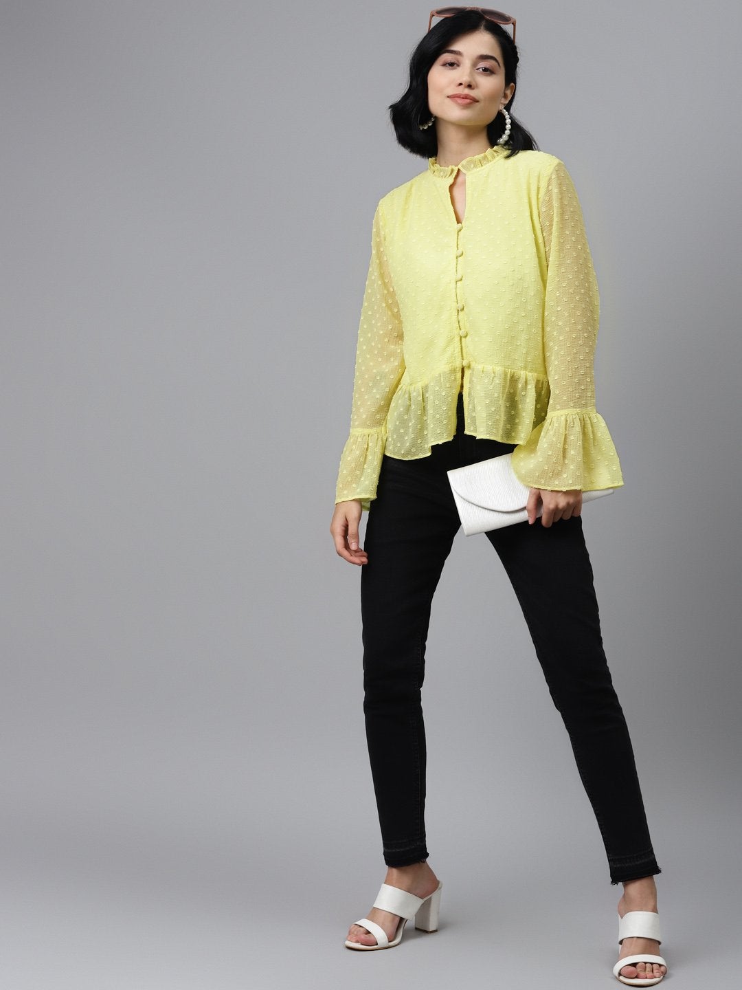 Women's Yellow Front Frill Detail Top - SASSAFRAS