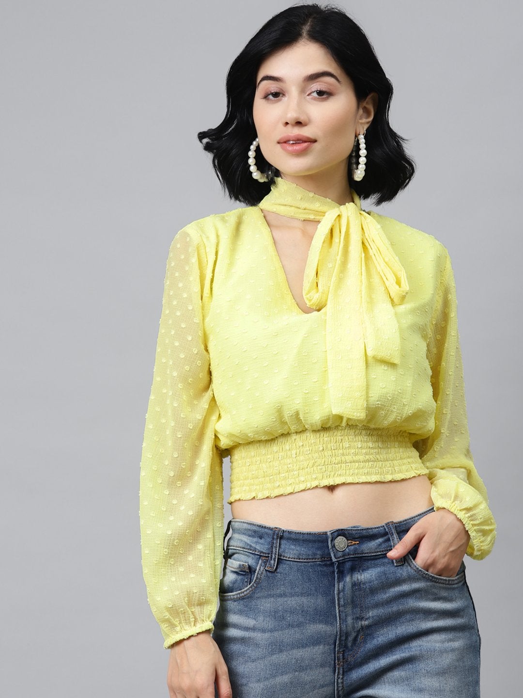 Women's Yellow Front Bow Smocking Crop Top - SASSAFRAS