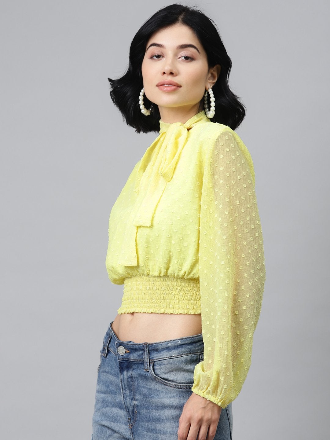 Women's Yellow Front Bow Smocking Crop Top - SASSAFRAS