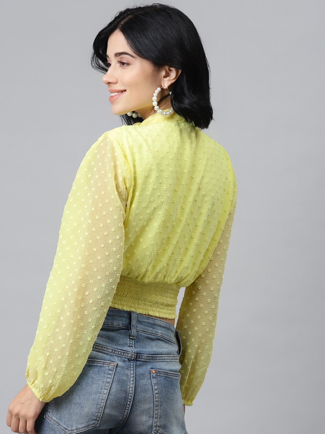 Women's Yellow Front Bow Smocking Crop Top - SASSAFRAS