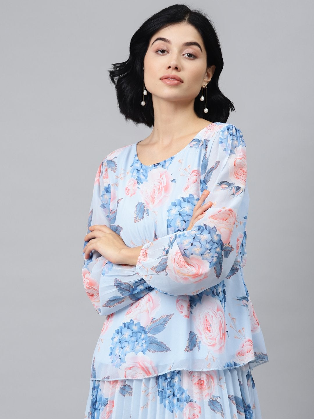 Women's Light Blue Floral Peplum Top - SASSAFRAS