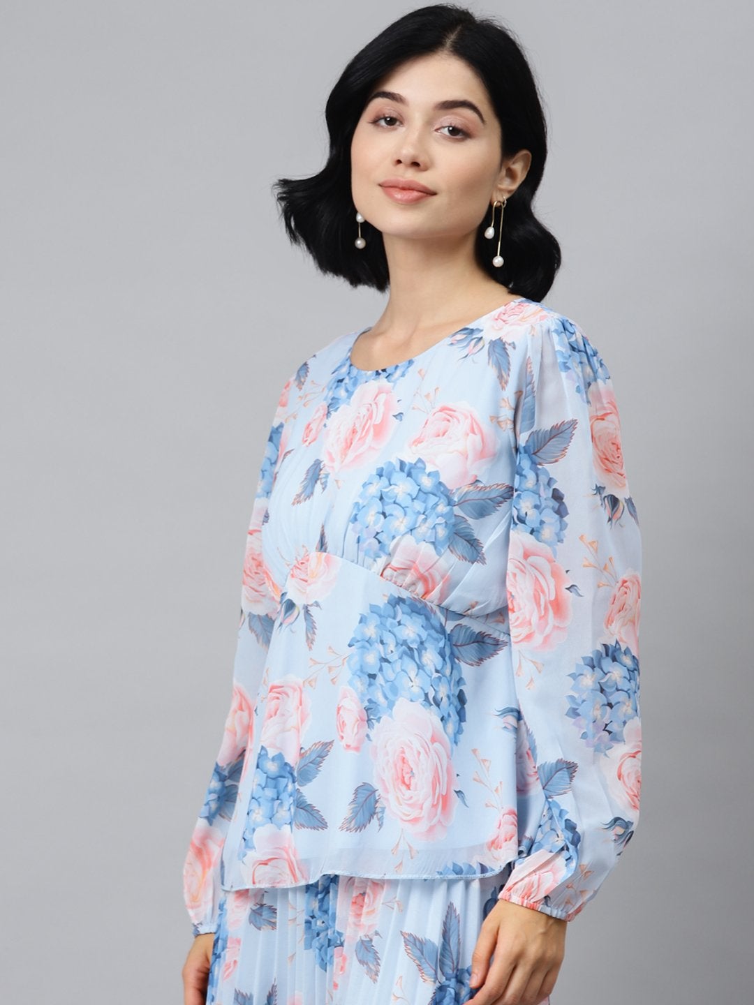 Women's Light Blue Floral Peplum Top - SASSAFRAS