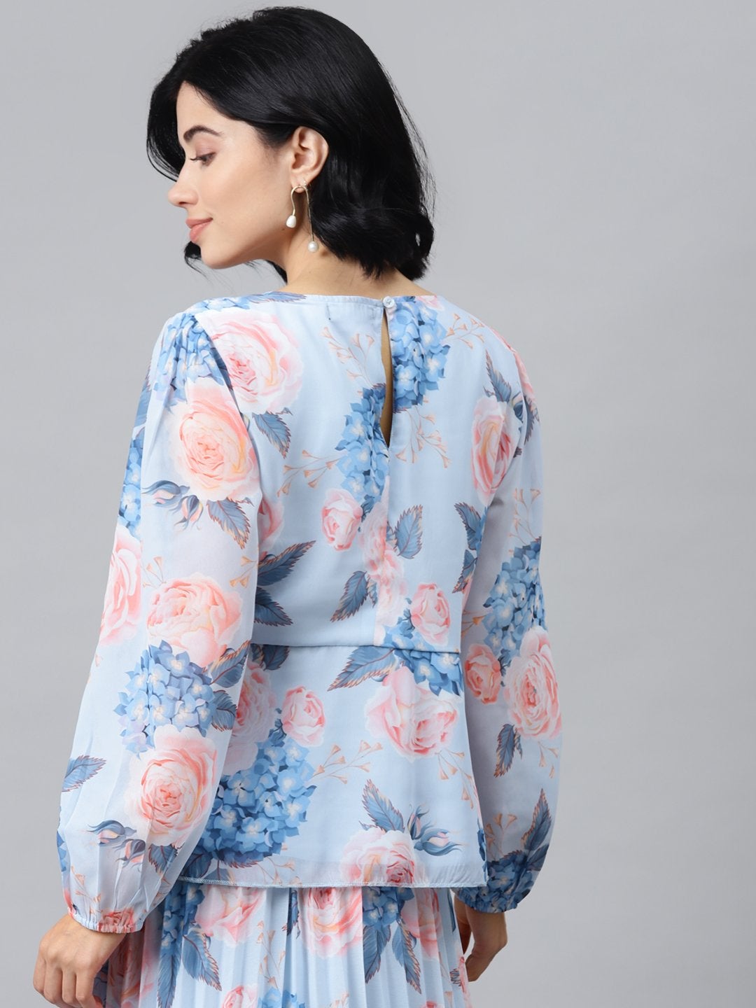 Women's Light Blue Floral Peplum Top - SASSAFRAS