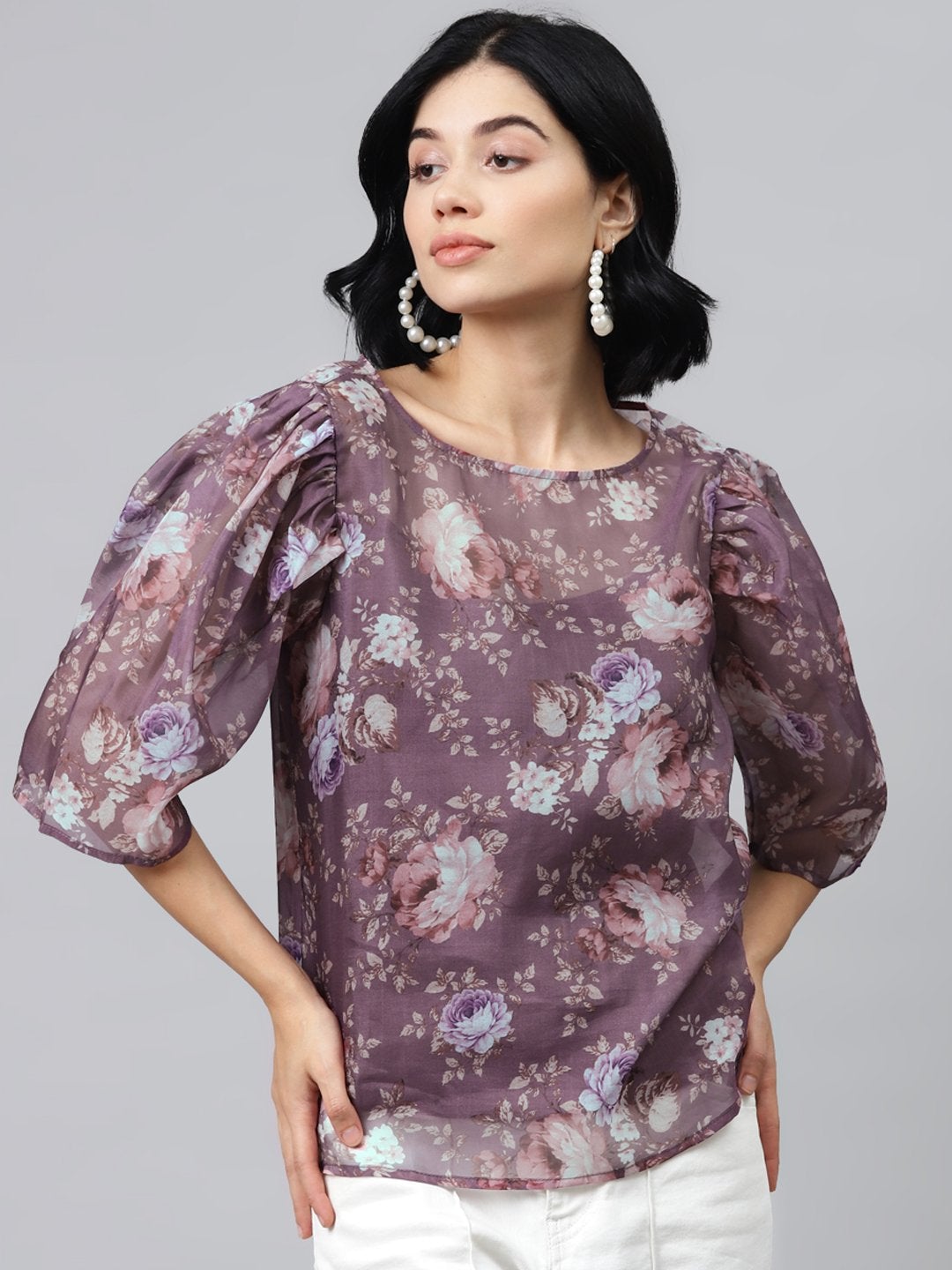 Women's Mauve Floral Puff Sleeve Top - SASSAFRAS