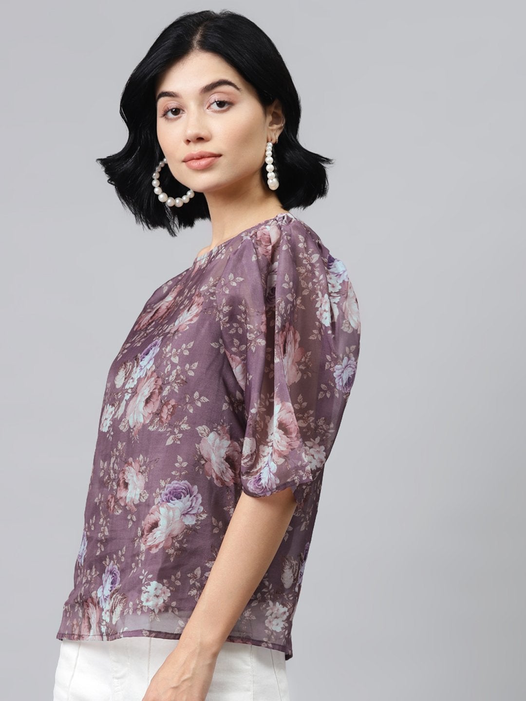 Women's Mauve Floral Puff Sleeve Top - SASSAFRAS