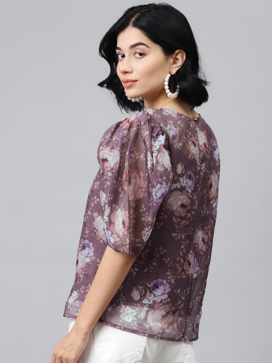 Women's Mauve Floral Puff Sleeve Top - SASSAFRAS