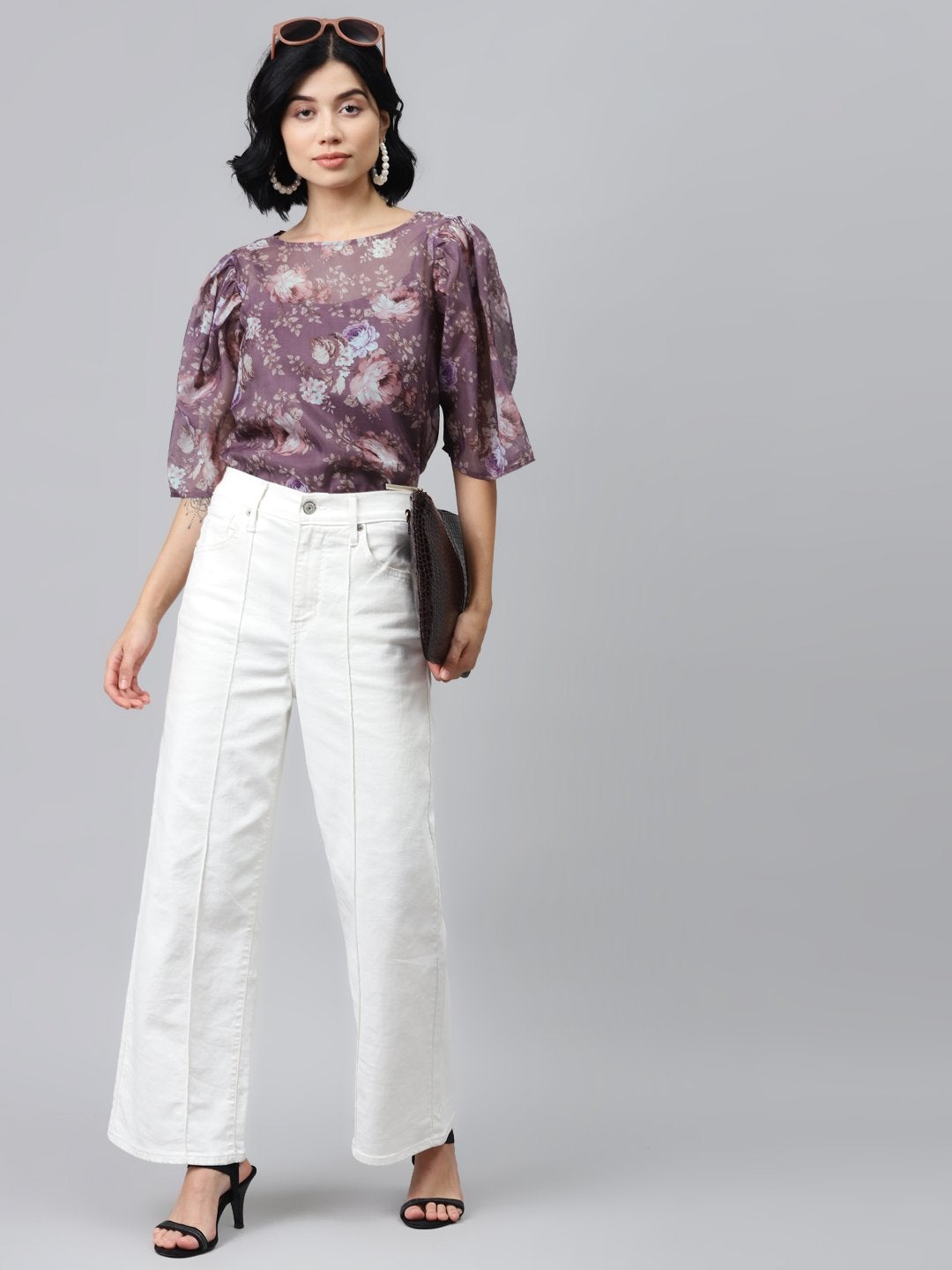 Women's Mauve Floral Puff Sleeve Top - SASSAFRAS