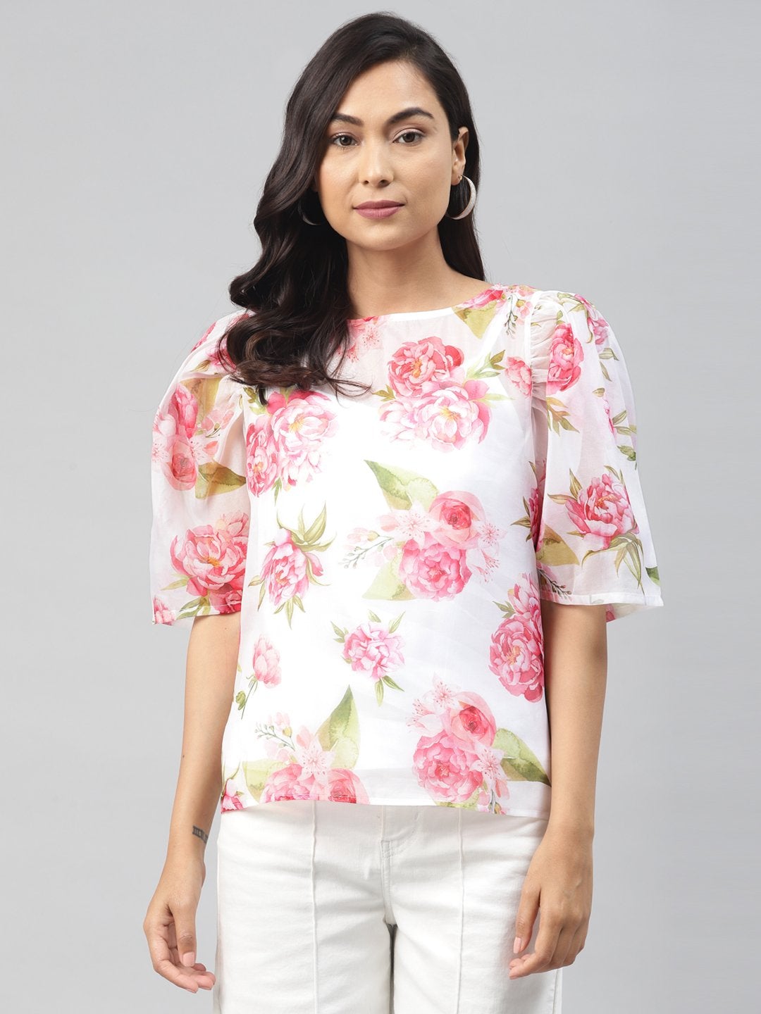 Women's White Floral Puff Sleeve Top - SASSAFRAS