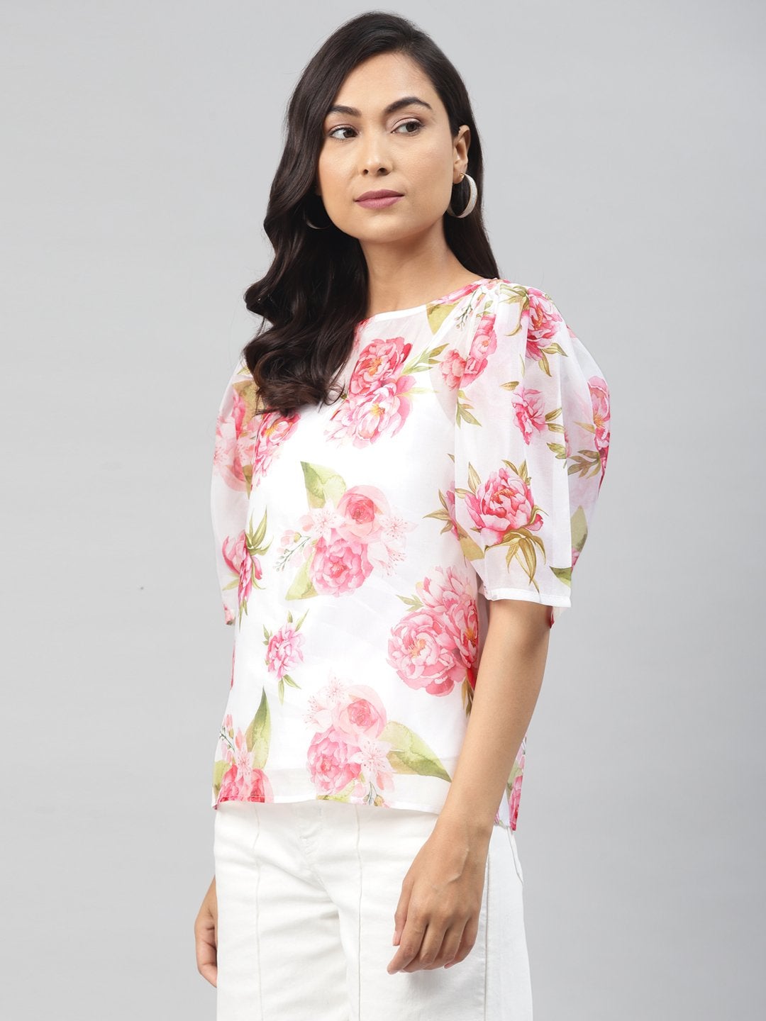 Women's White Floral Puff Sleeve Top - SASSAFRAS