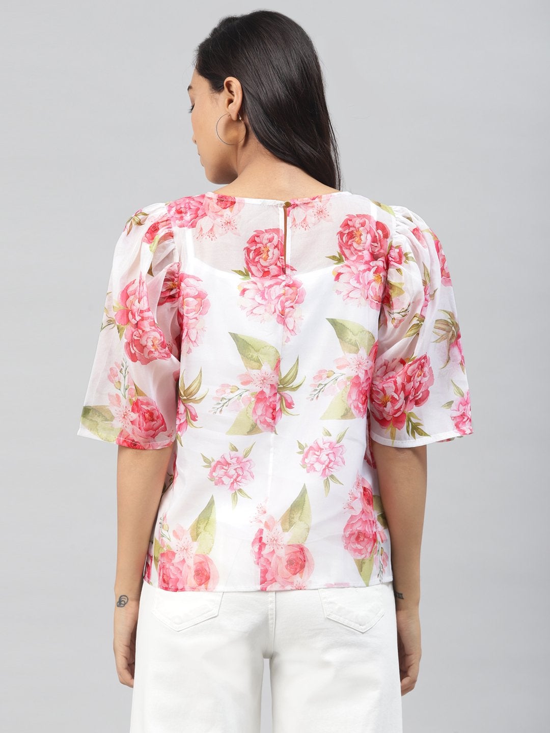 Women's White Floral Puff Sleeve Top - SASSAFRAS