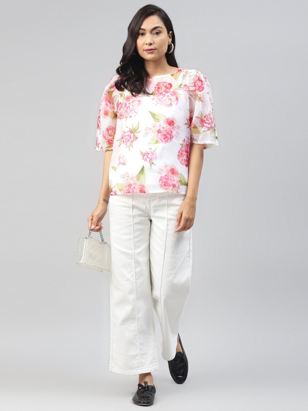 Women's White Floral Puff Sleeve Top - SASSAFRAS