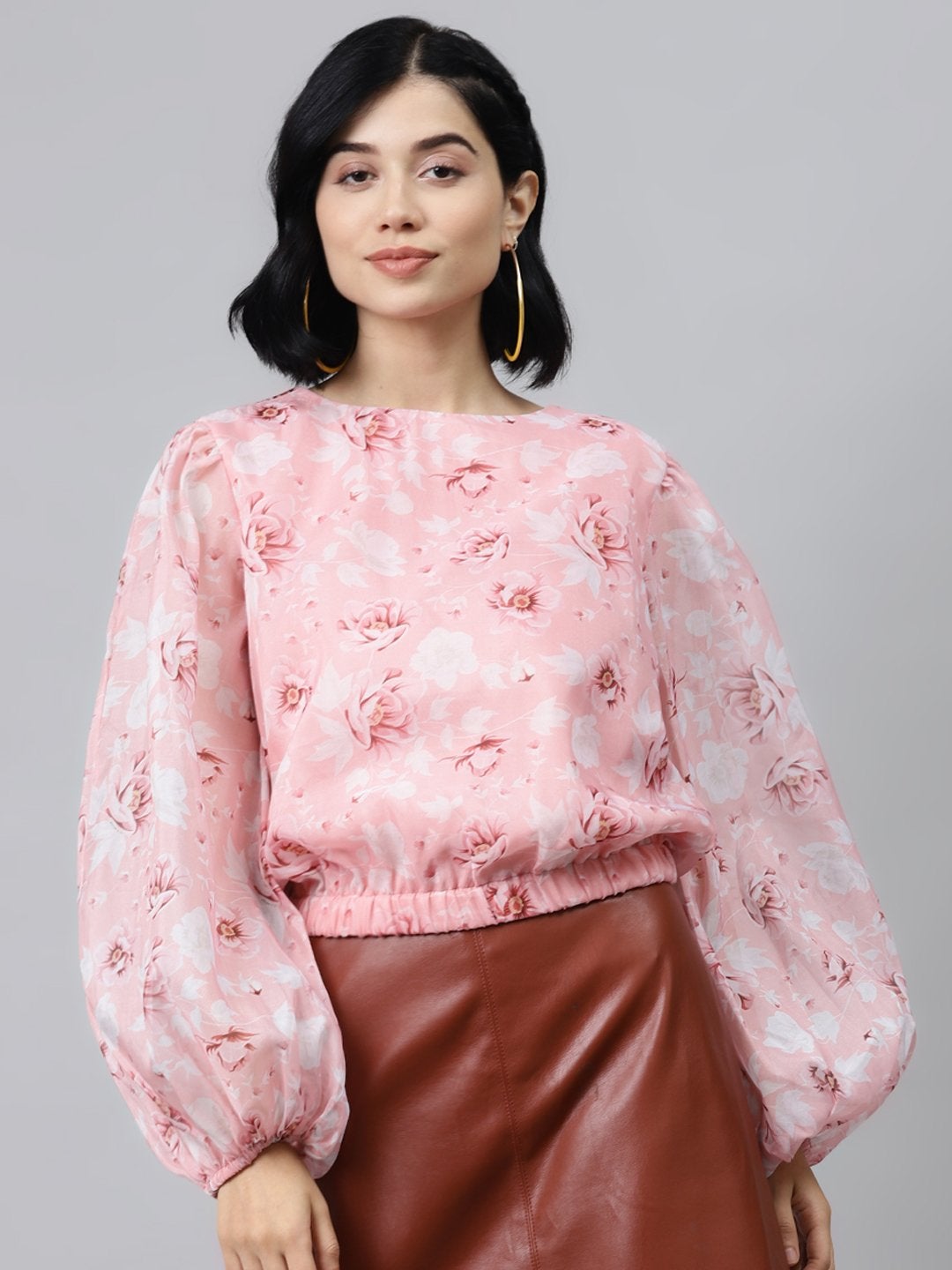 Women's Pink Floral Balloon Sleeve Crop Top - SASSAFRAS