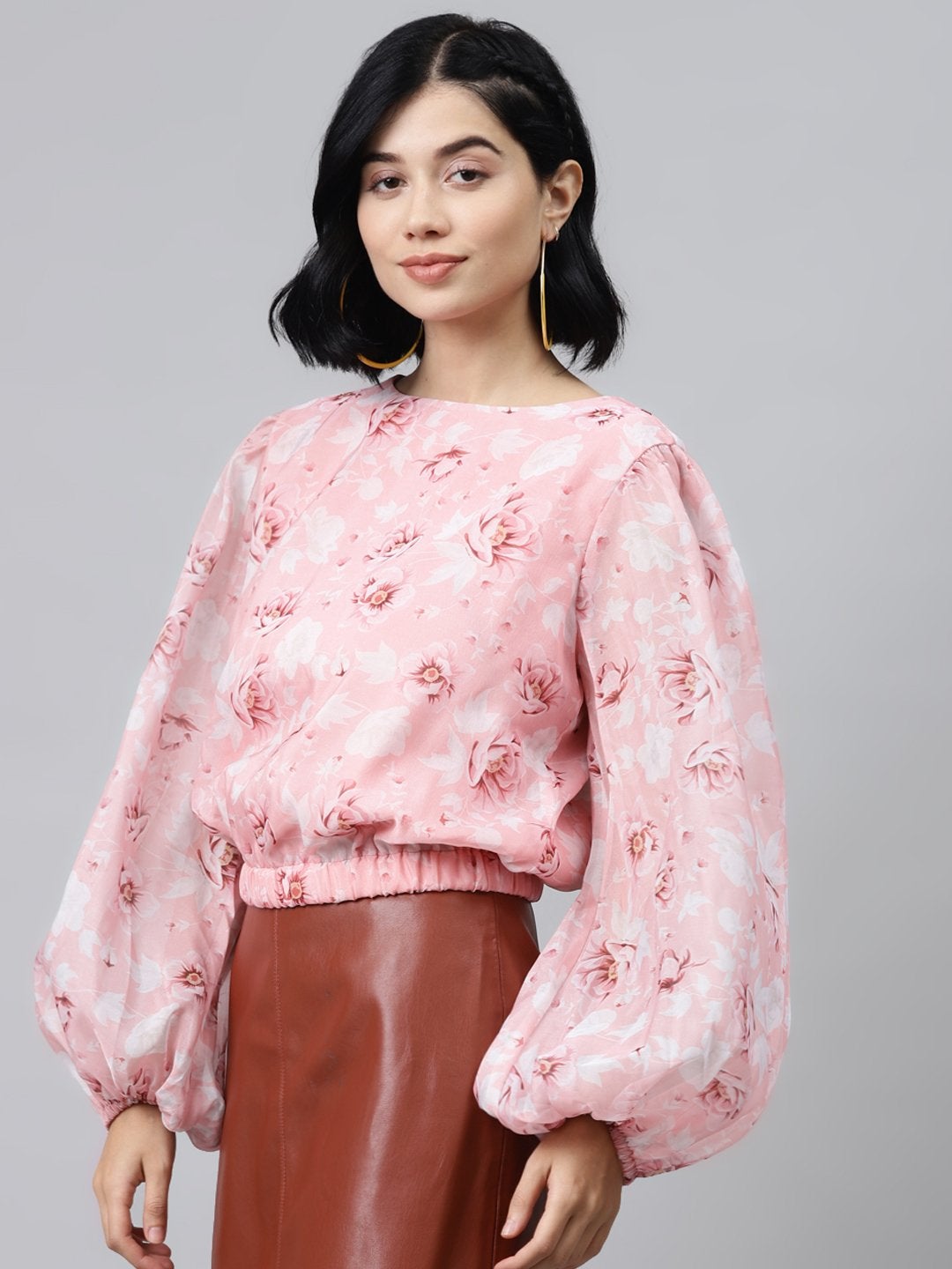 Women's Pink Floral Balloon Sleeve Crop Top - SASSAFRAS