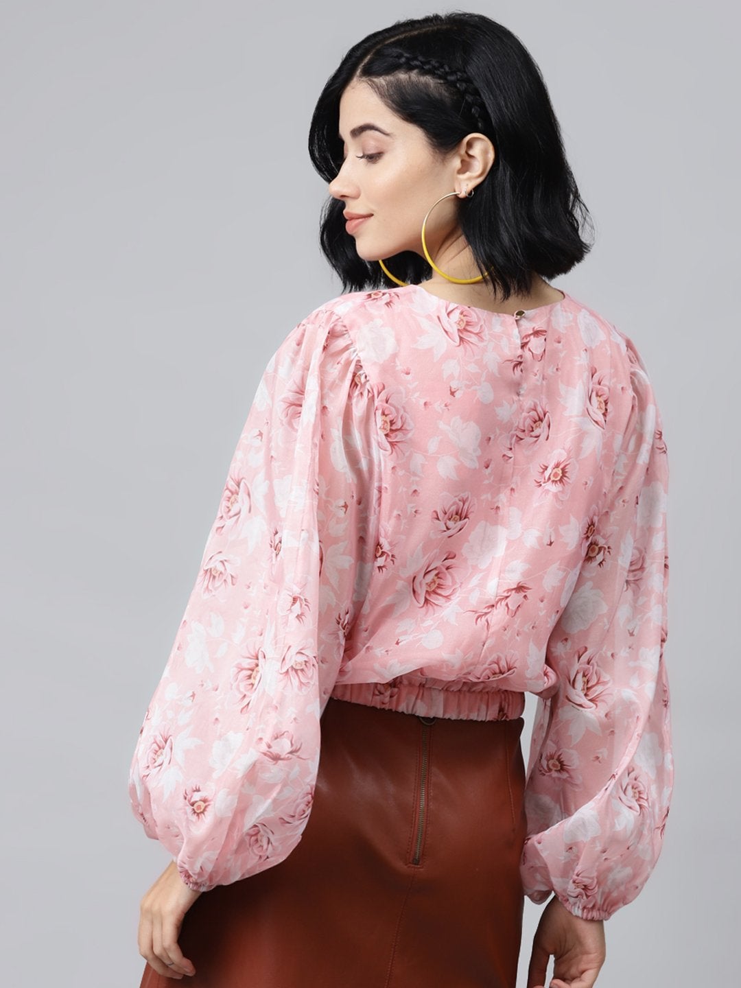 Women's Pink Floral Balloon Sleeve Crop Top - SASSAFRAS