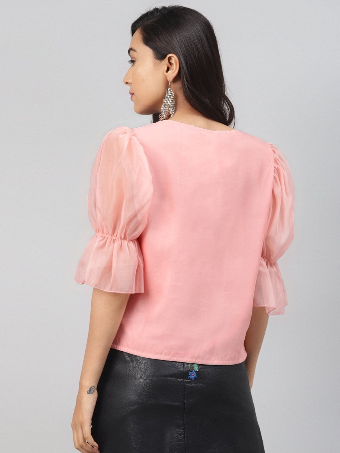 Women's Pastel Pink Front Button Puff Sleeve Top - SASSAFRAS