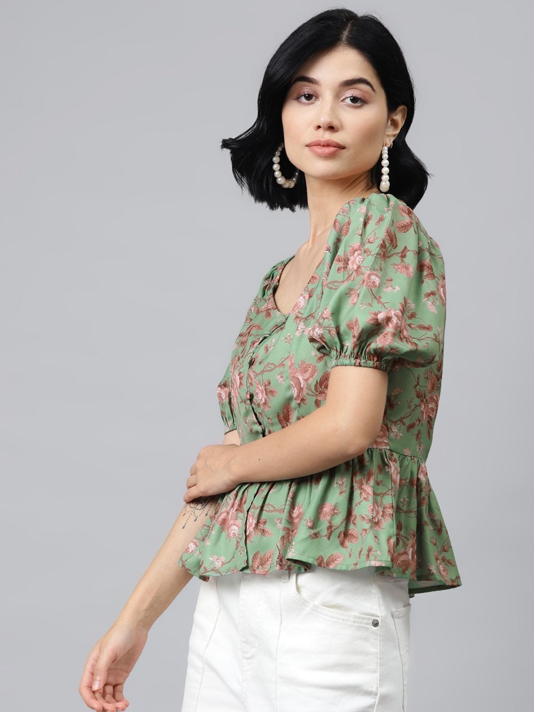 Women's Green Floral Front Button Peplum Top - SASSAFRAS