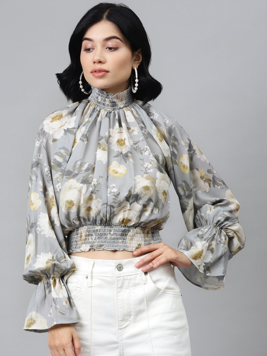 Women's Grey Floral Smocking Detail Crop Top - SASSAFRAS