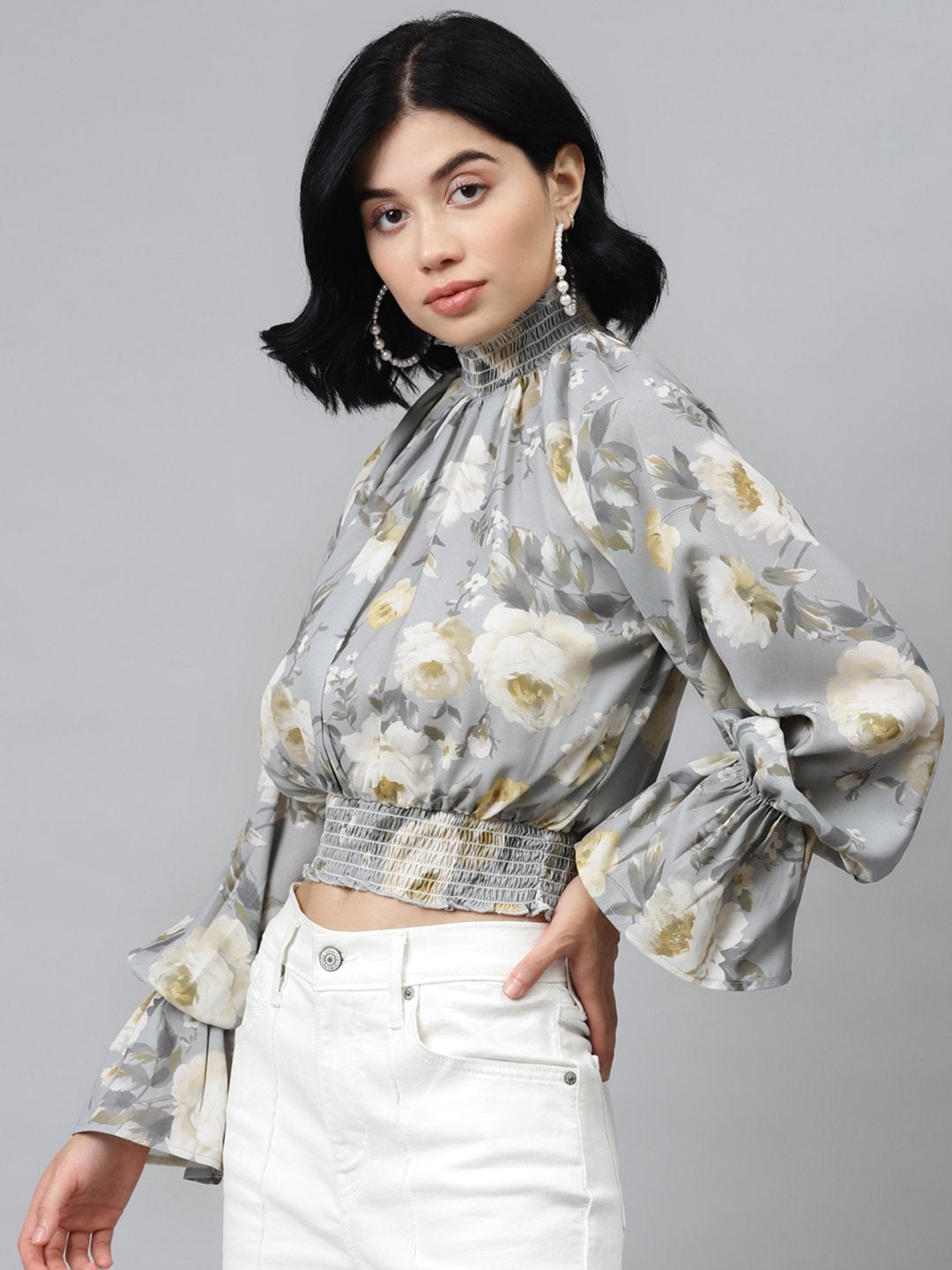 Women's Grey Floral Smocking Detail Crop Top - SASSAFRAS