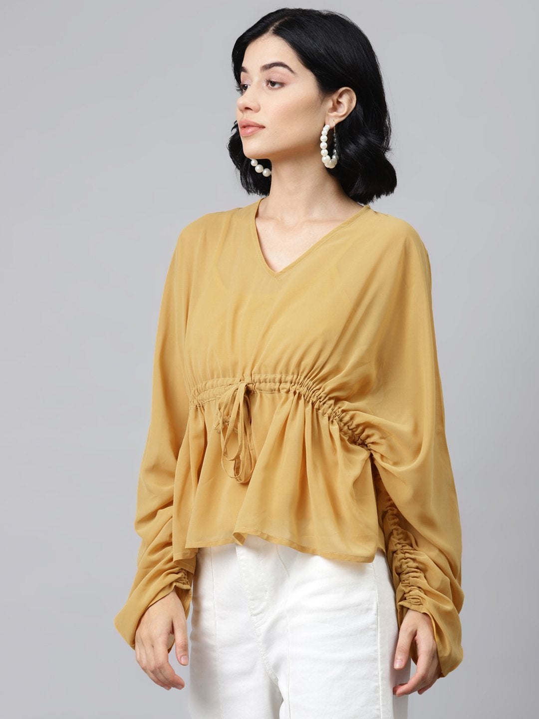 Women's Mustard Drawstring Top - SASSAFRAS