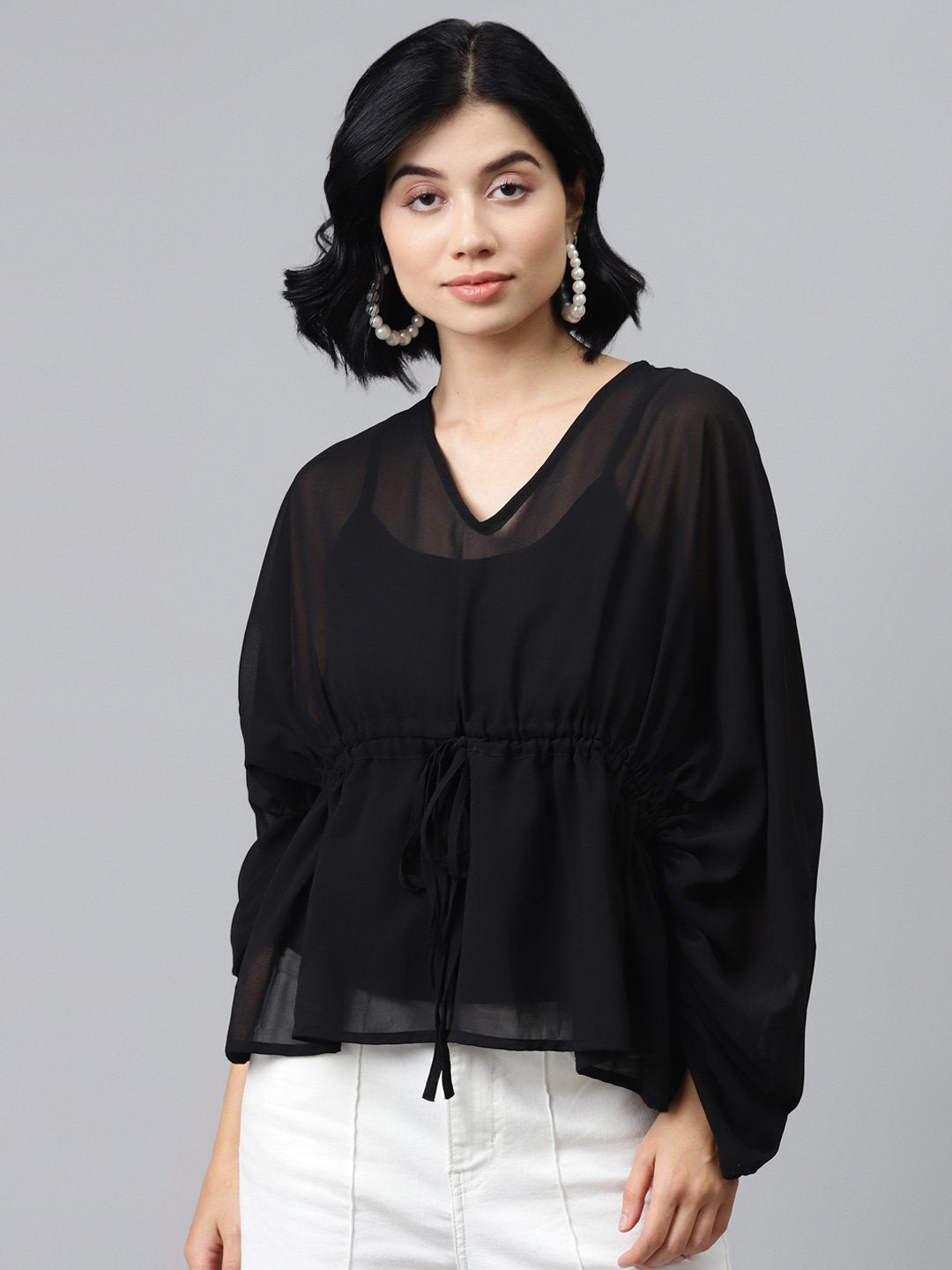 Women's Black Drawstring Top - SASSAFRAS