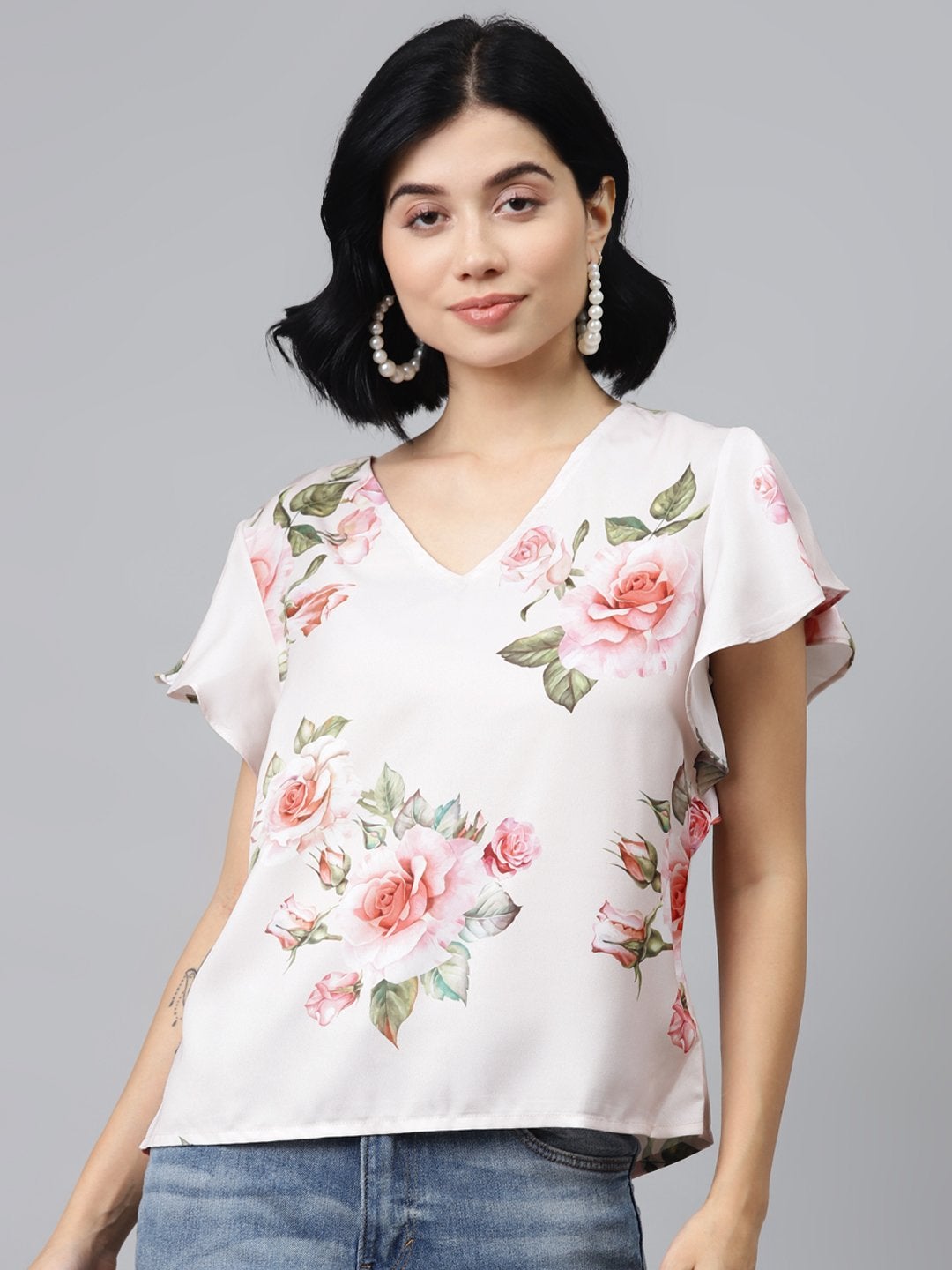 Women's Nude Floral Flared Sleeve Top - SASSAFRAS