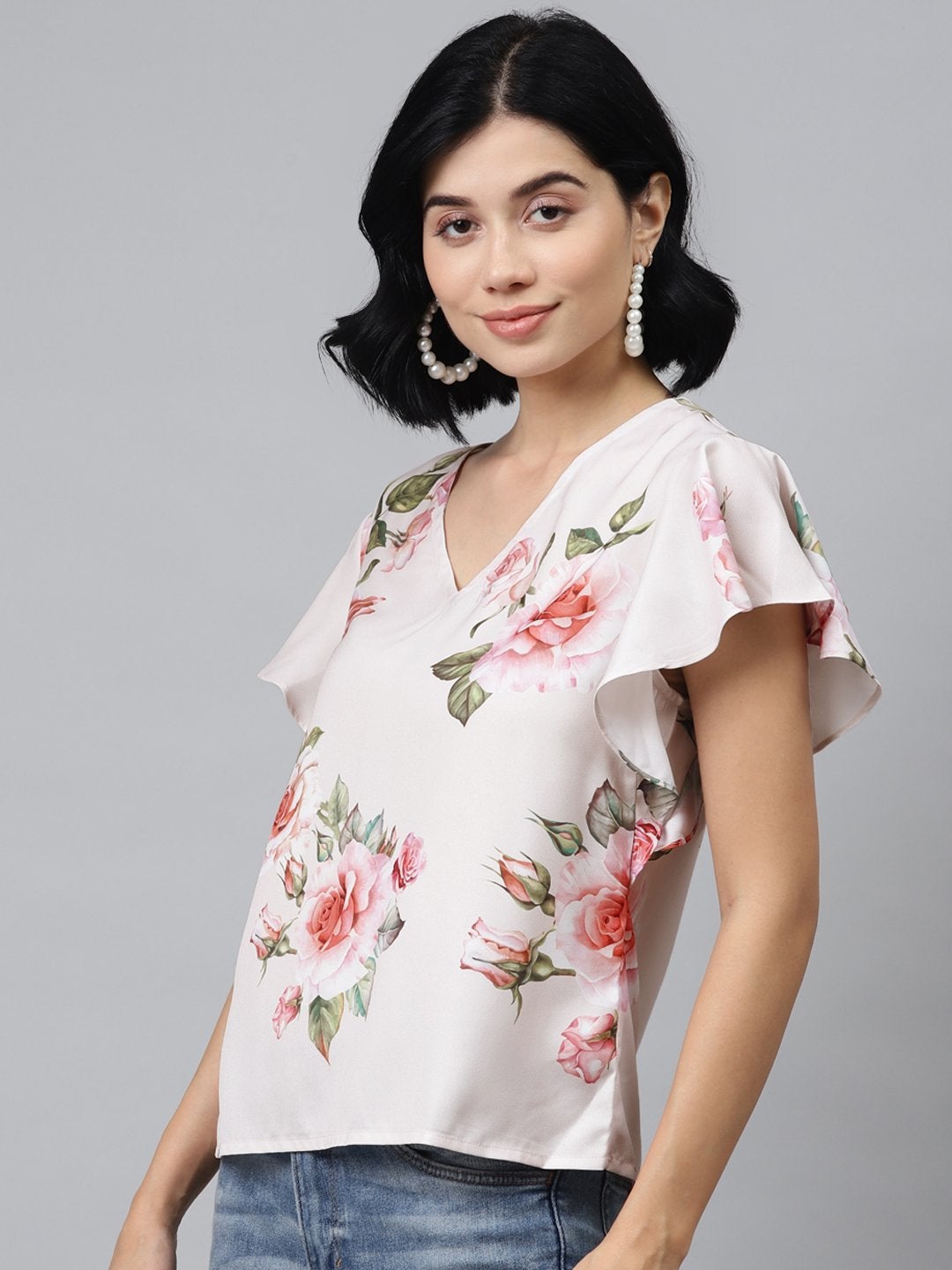 Women's Nude Floral Flared Sleeve Top - SASSAFRAS