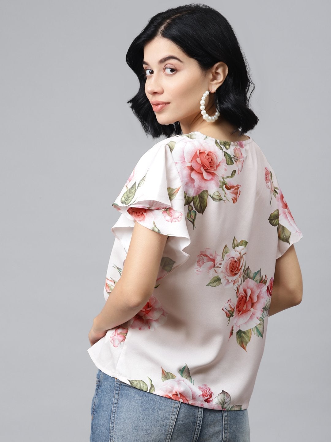 Women's Nude Floral Flared Sleeve Top - SASSAFRAS