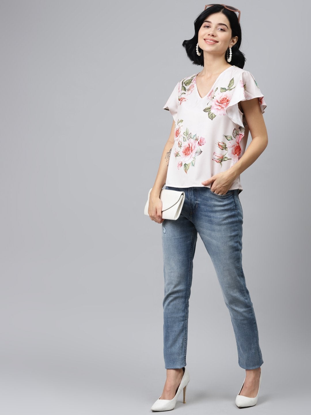 Women's Nude Floral Flared Sleeve Top - SASSAFRAS