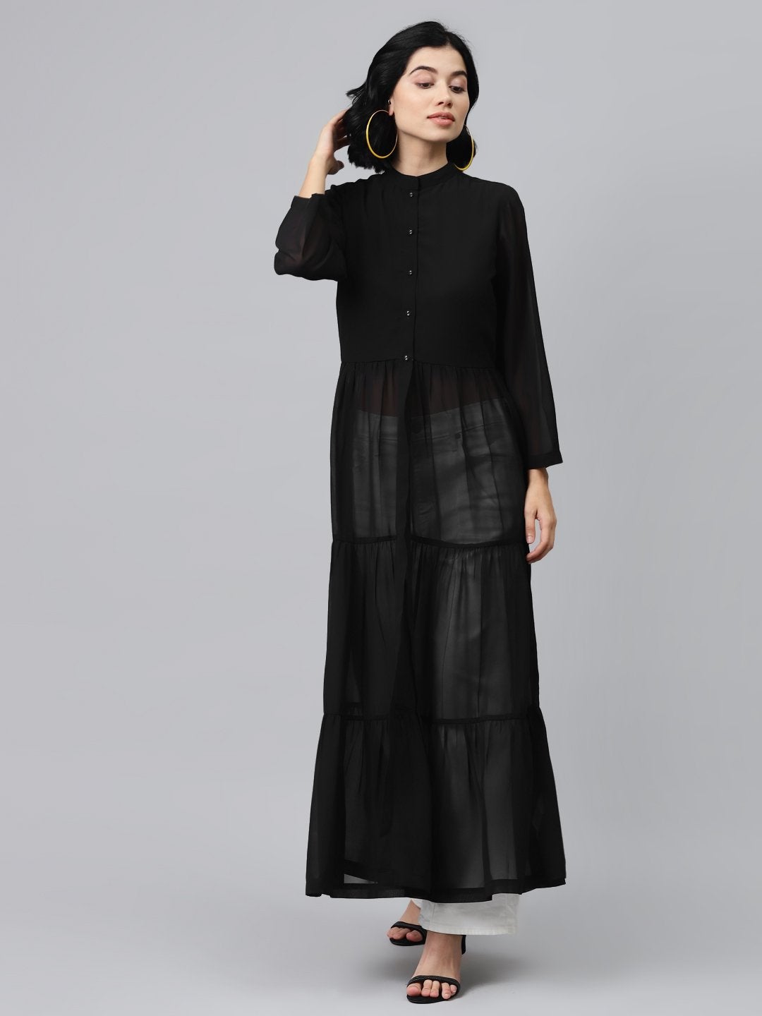 Women's Black Front Open Sheer Tiered Maxi Top - SASSAFRAS