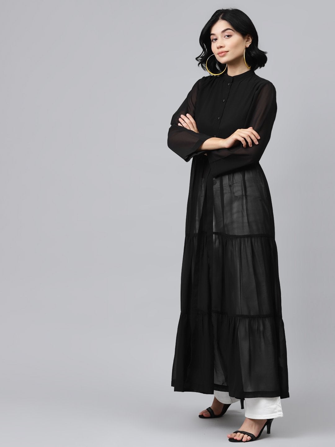 Women's Black Front Open Sheer Tiered Maxi Top - SASSAFRAS