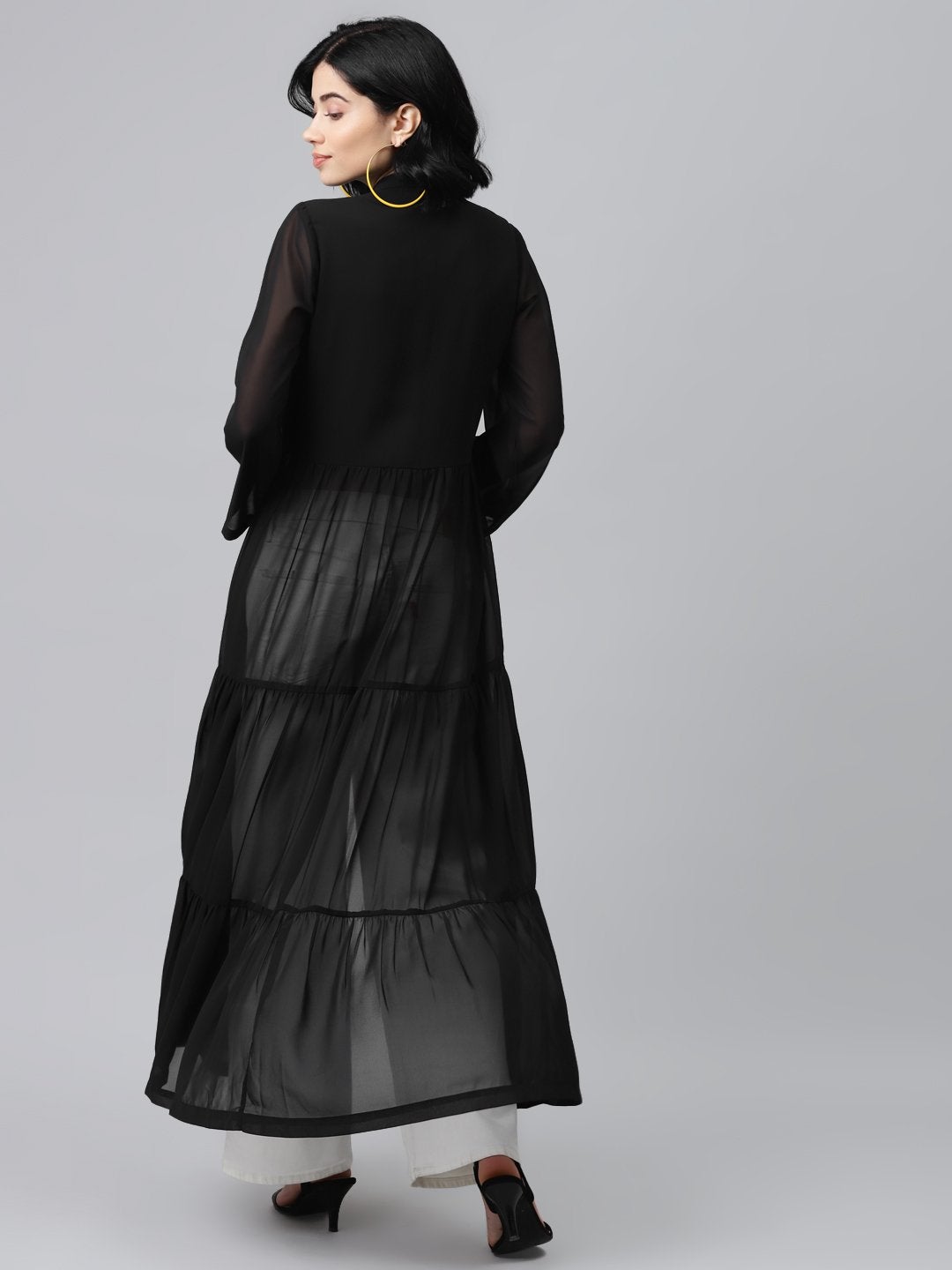 Women's Black Front Open Sheer Tiered Maxi Top - SASSAFRAS