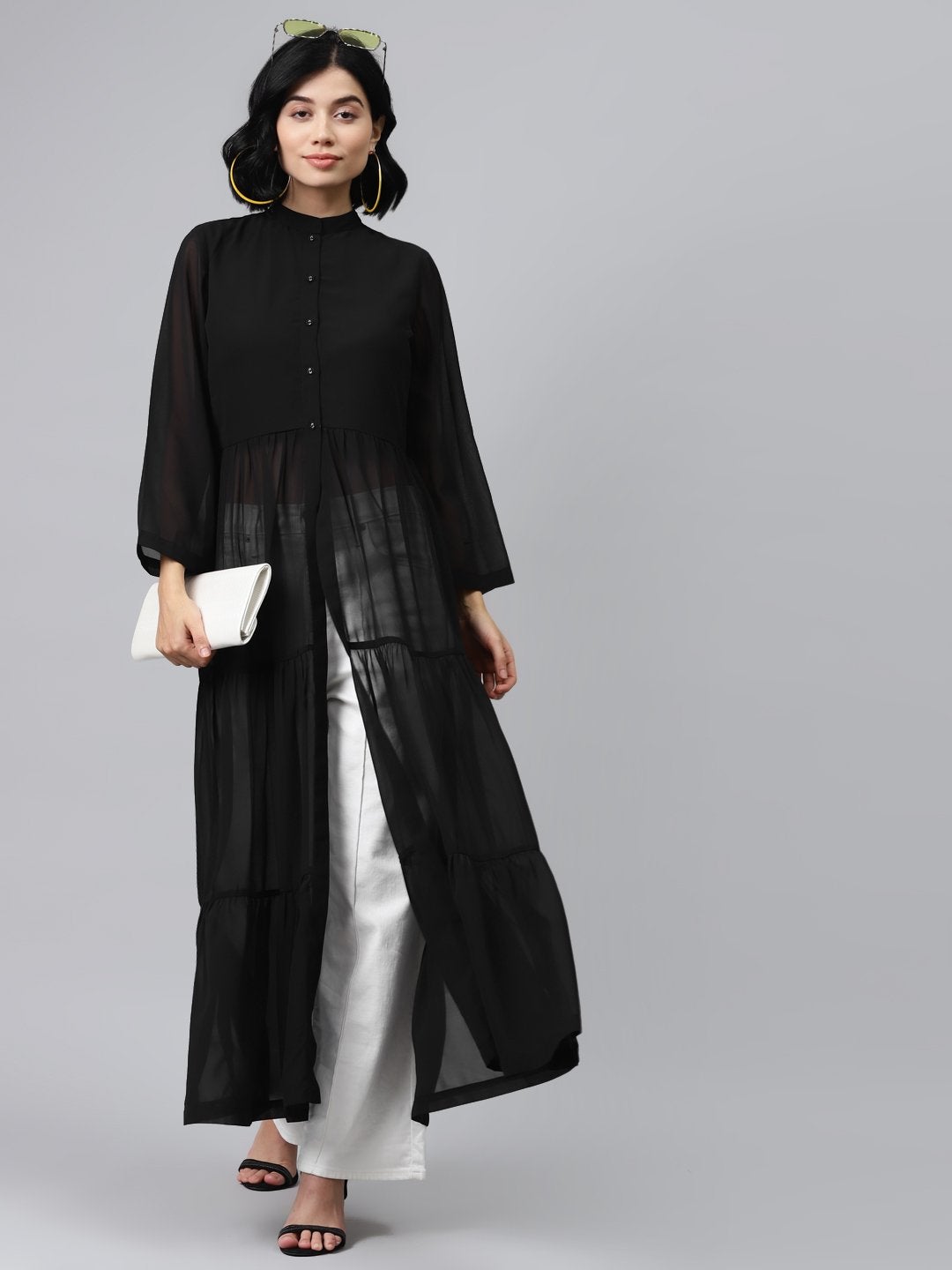 Women's Black Front Open Sheer Tiered Maxi Top - SASSAFRAS