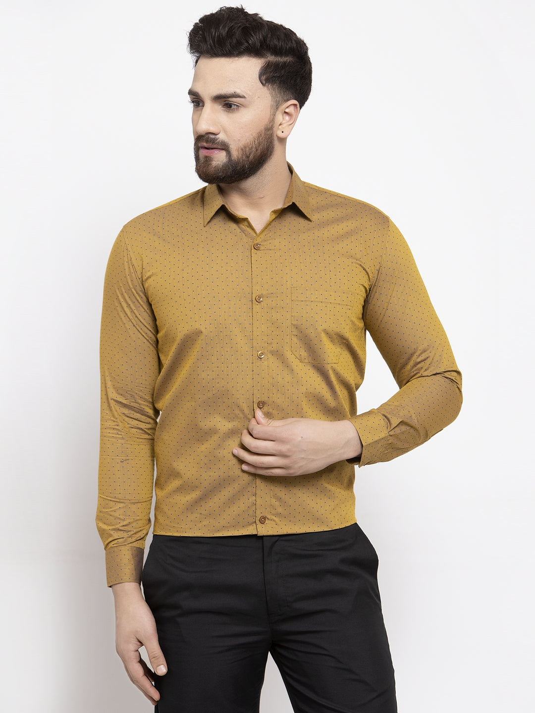 Men's Yellow Cotton Polka Dots Formal Shirts ( SF 739Mustard ) - Jainish