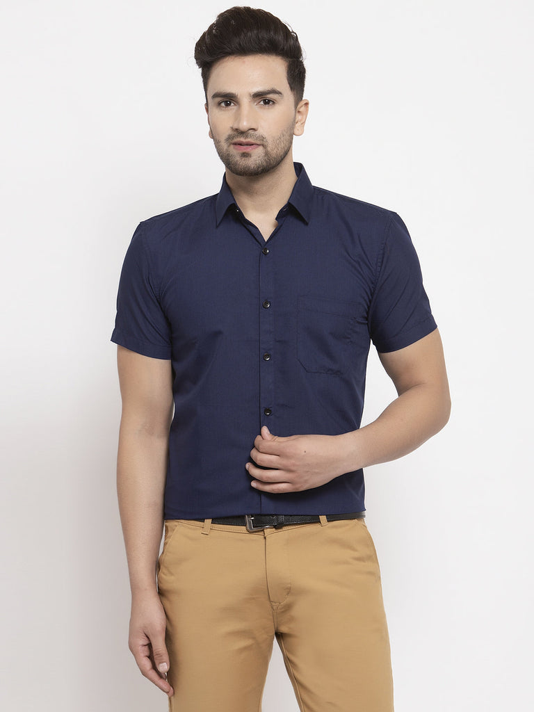 Men's Navy Cotton Half Sleeves Solid Formal Shirts ( SF 754Navy )