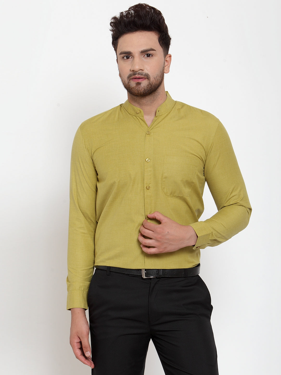 Men's Green Cotton Solid Mandarin Collar Formal Shirts ( SF 757Mehndi ) - Jainish
