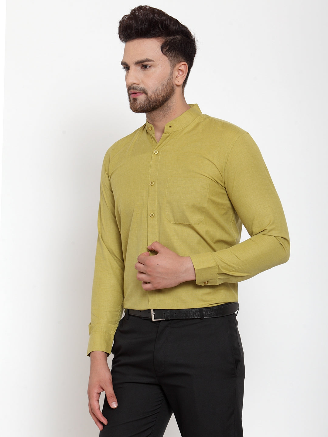 Men's Green Cotton Solid Mandarin Collar Formal Shirts ( SF 757Mehndi ) - Jainish