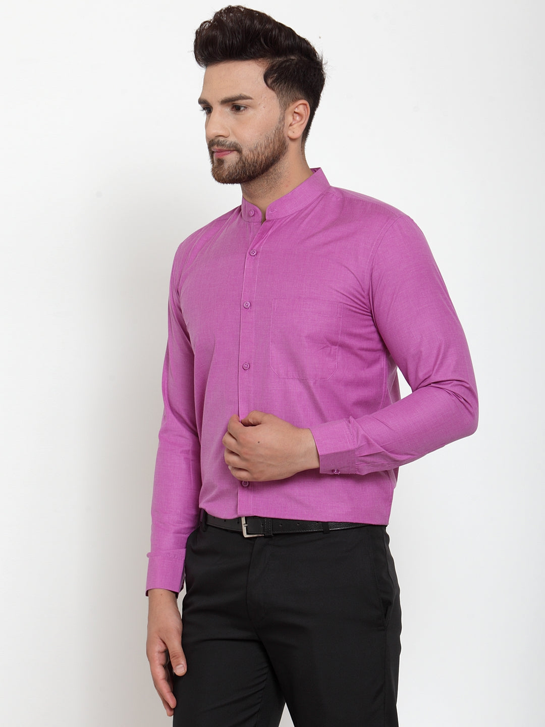 Men's Pink Cotton Solid Mandarin Collar Formal Shirts ( SF 757Wine ) - Jainish