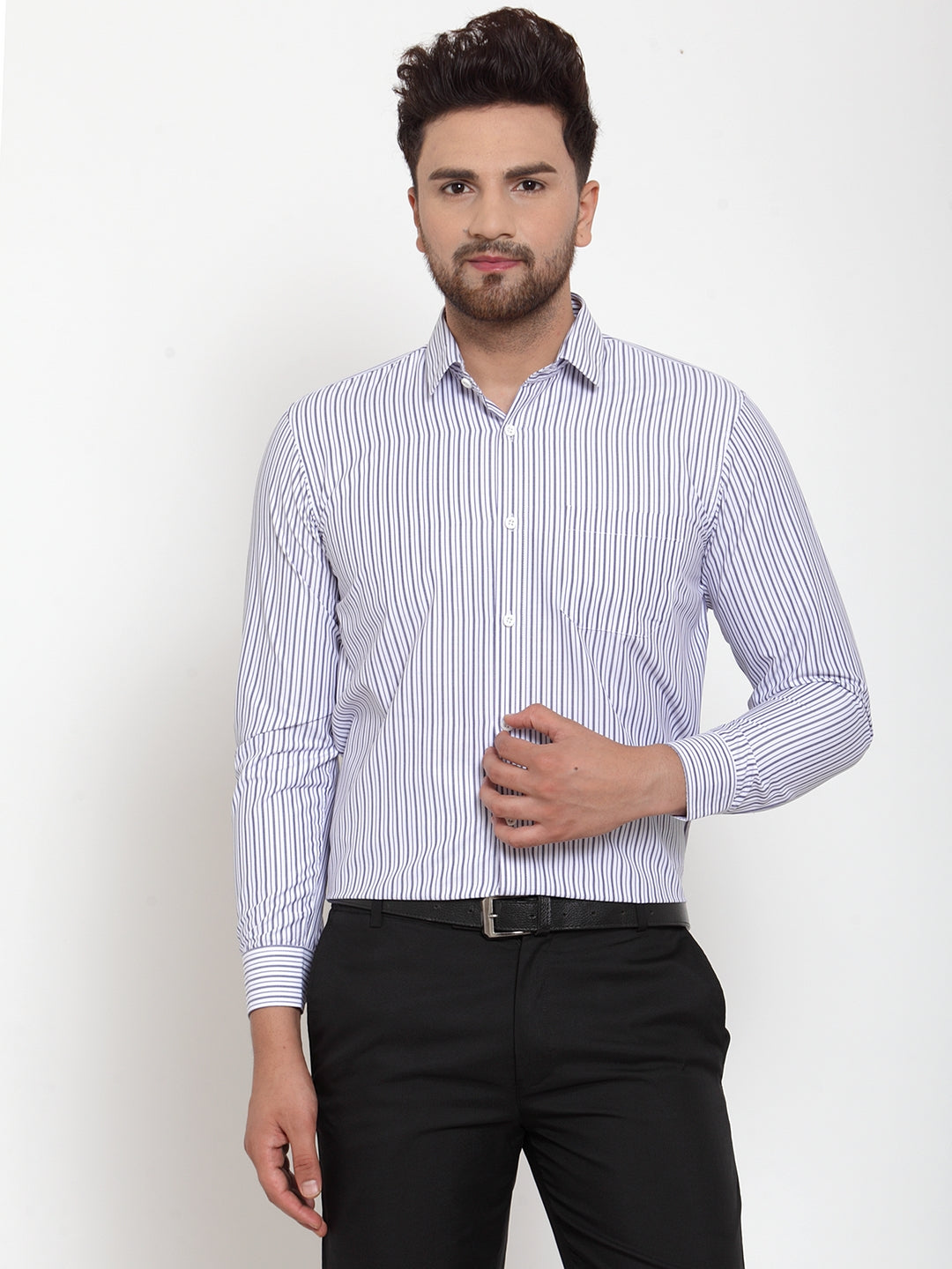Men's Grey Cotton Striped Formal Shirt's ( SF 759Light-Grey ) - Jainish
