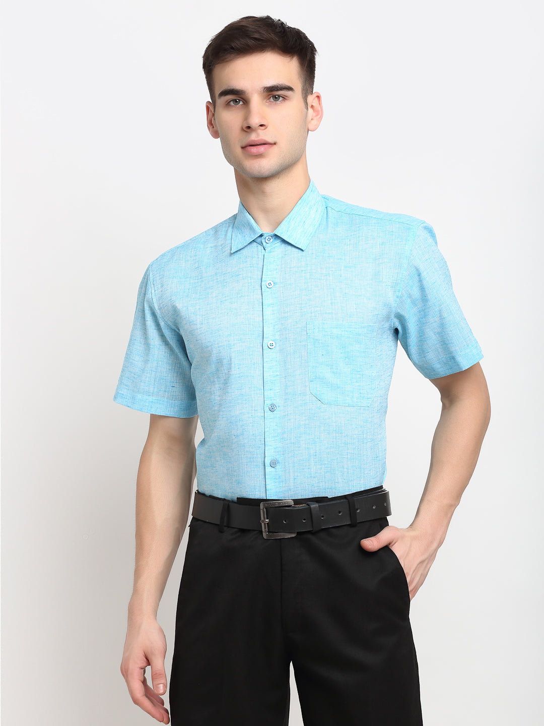 Men's Blue Solid Cotton Half Sleeves Formal Shirt ( SF 783Sky ) - Jainish