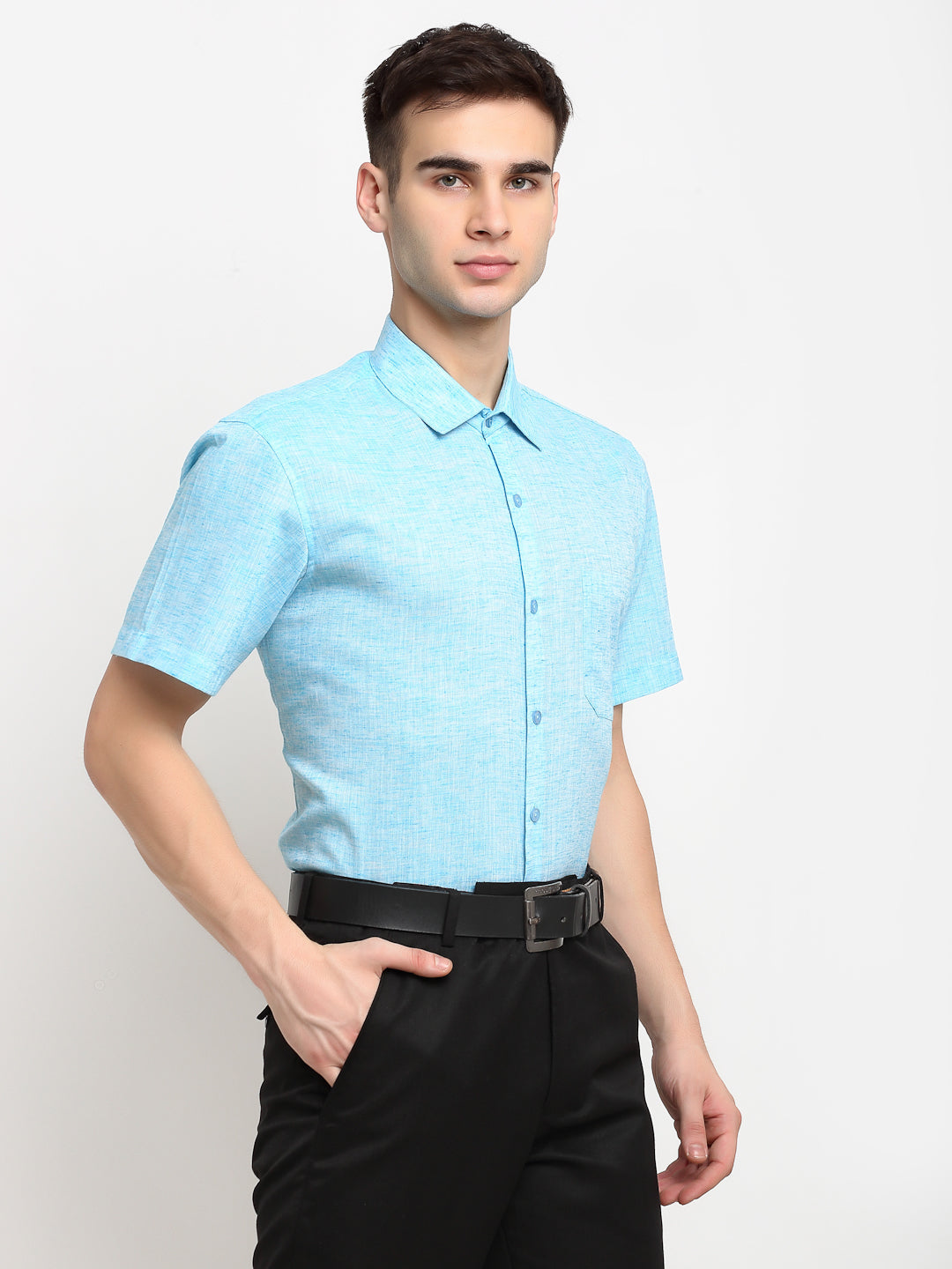 Men's Blue Solid Cotton Half Sleeves Formal Shirt ( SF 783Sky ) - Jainish