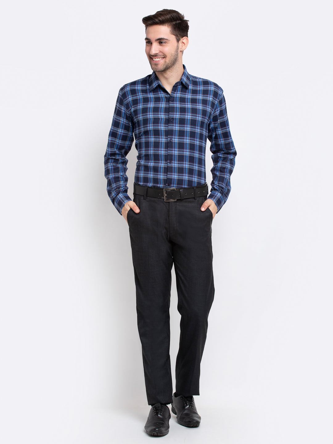 Men's Blue Checked Cotton Formal Shirt ( SF 786Blue ) - Jainish