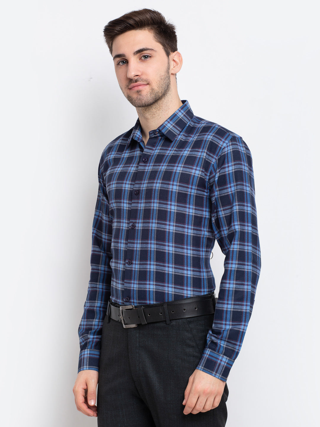 Men's Blue Checked Cotton Formal Shirt ( SF 786Blue ) - Jainish
