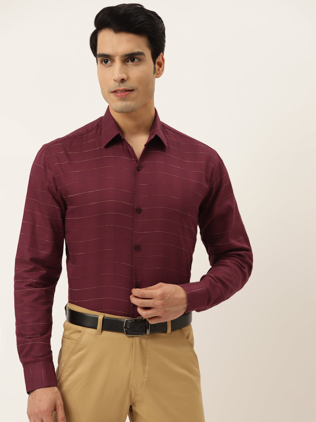 Men's Formal Cotton Horizontal Striped Shirt ( SF 790Maroon ) - Jainish