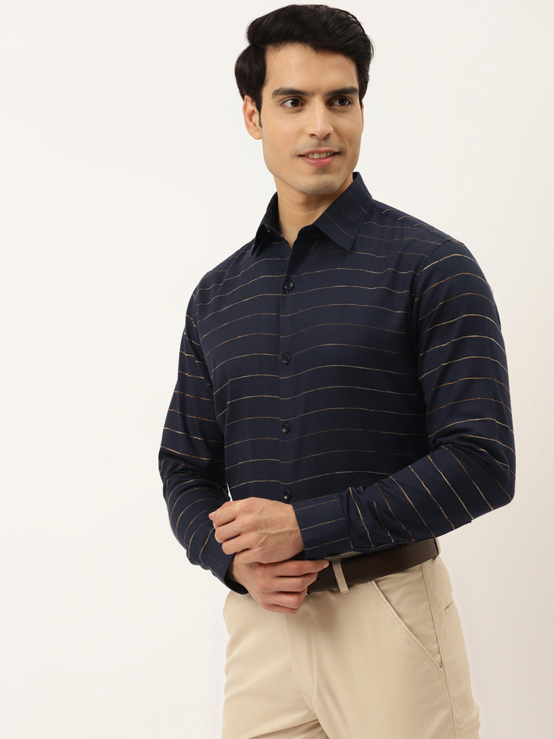 Men's Formal Cotton Horizontal Striped Shirt ( SF 790Navy ) - Jainish