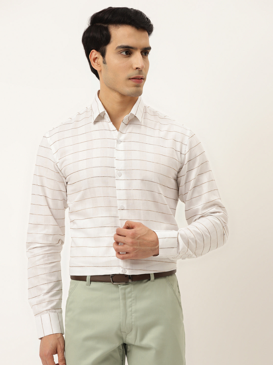 Men's Formal Cotton Horizontal Striped Shirt ( SF 790White ) - Jainish